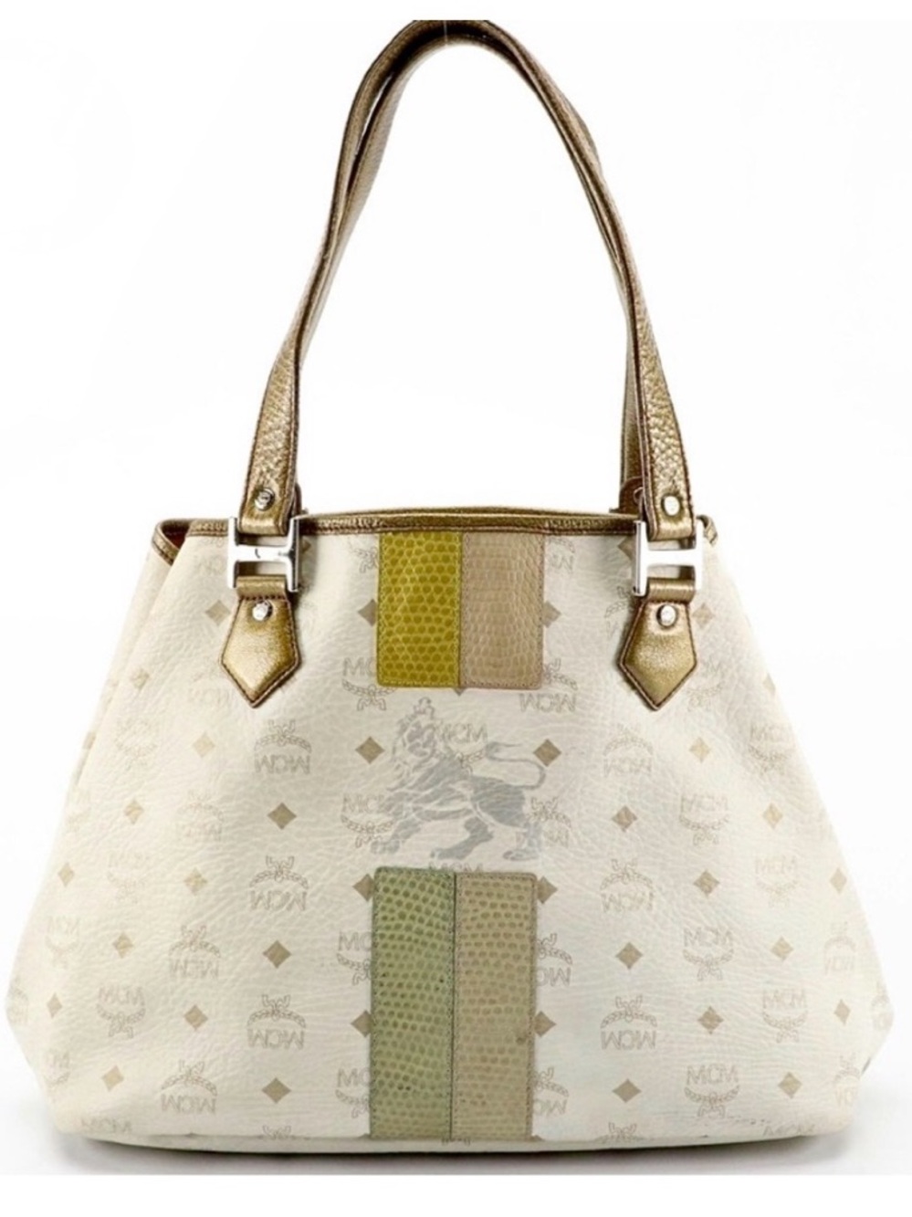 MCM PRINCESS LION SHOPPER TOTE IN WHITE VISETOS COATED CANVAS & LEATHER